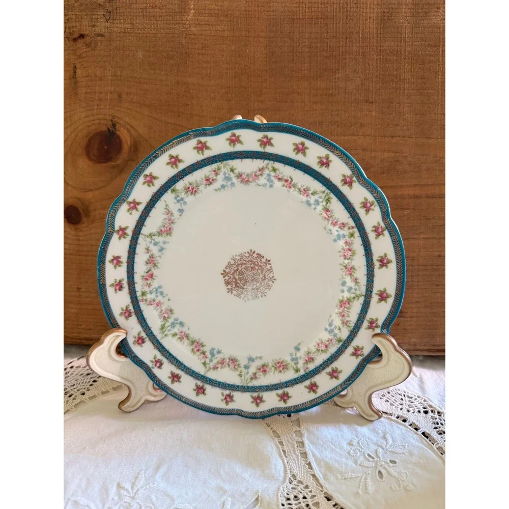 Antique Austria Porcelain Salad Plate Pink Rose Teal Gold Filigree Scalloped